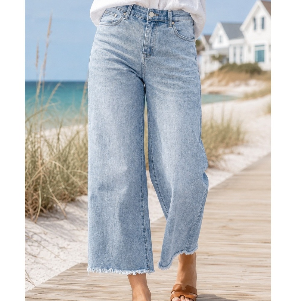 Pink Elegance Womens High Waisted Wide Leg Raw Hem Cropped Jeans Light Wash